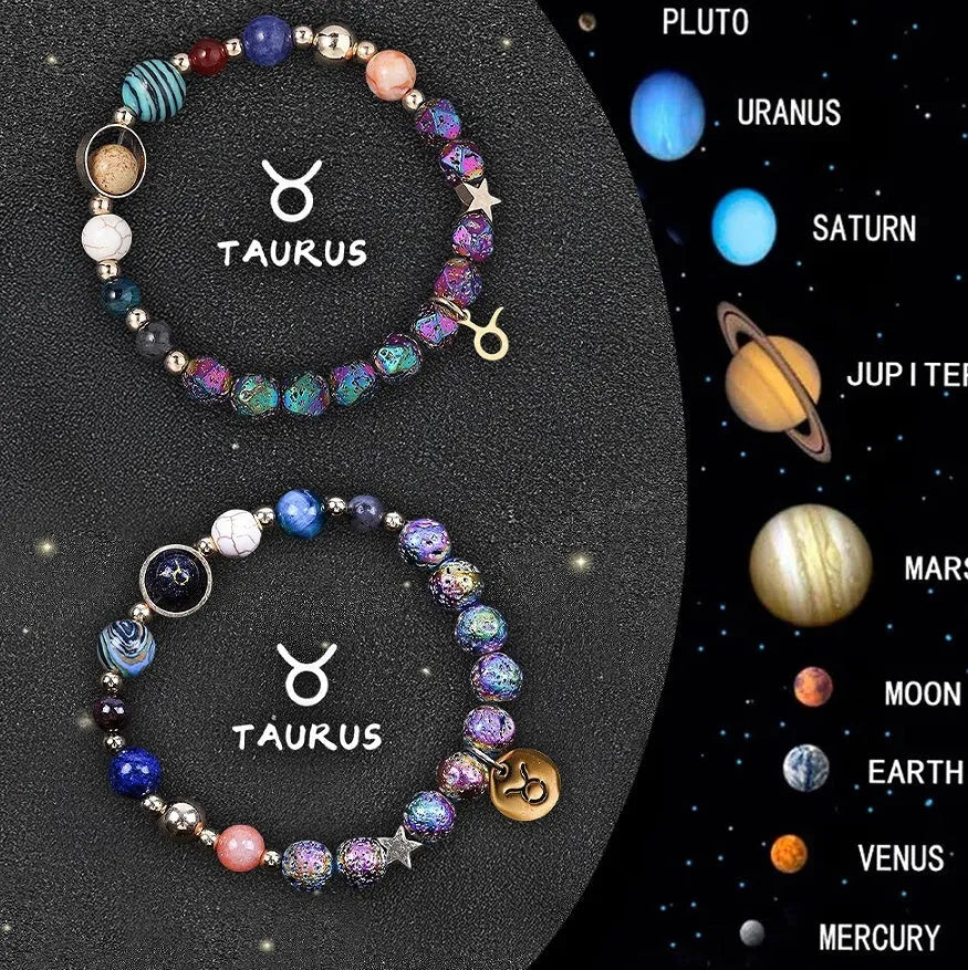 Set of two natural stone beaded bracelets with metal zodiac charms on an elastic cord.