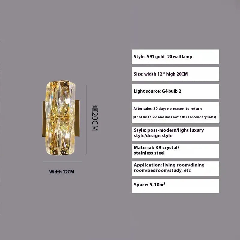Crystal wall lamp with stainless steel frame in gold or chrome finish, mounted on a wall.