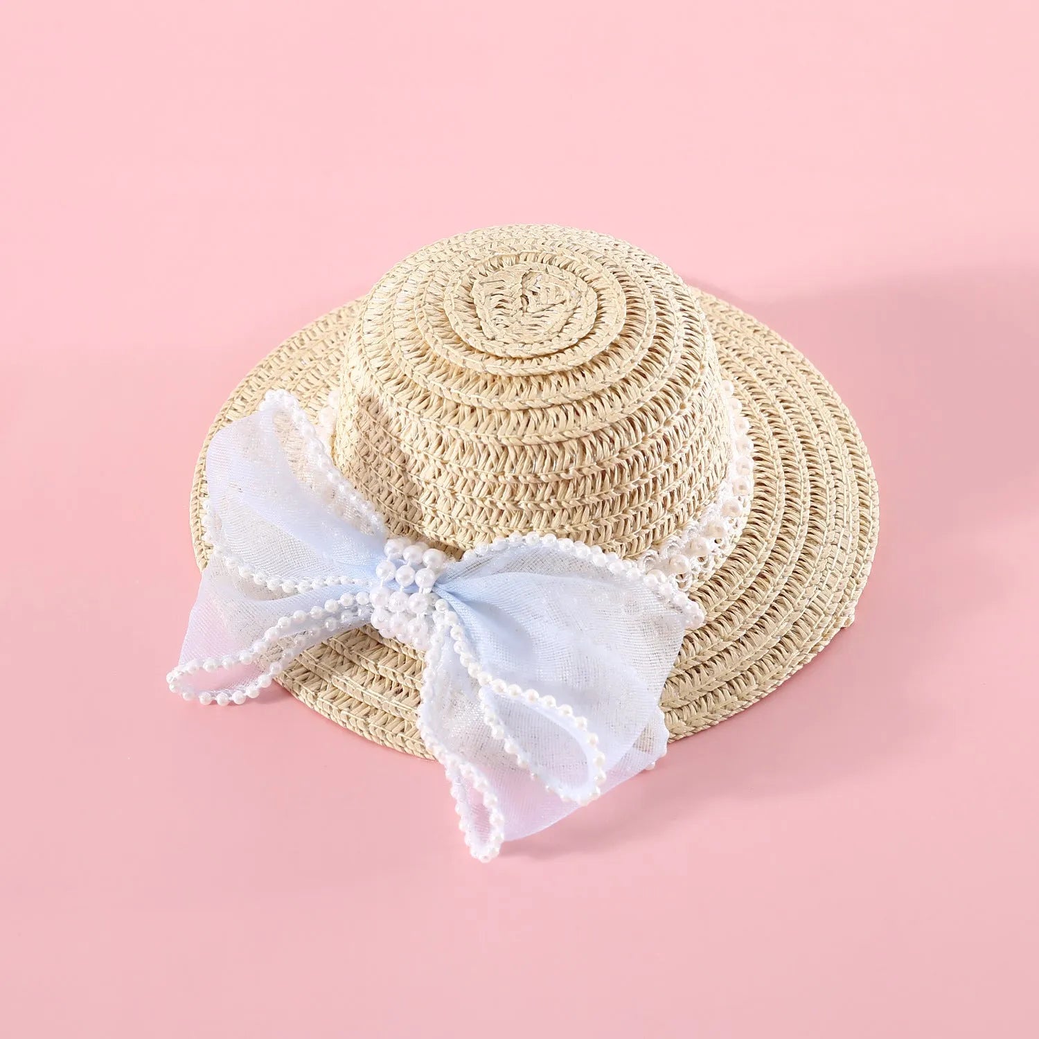 Princess-style cat hat with decorative pearl butterfly bow, woven from Lafite leaves.