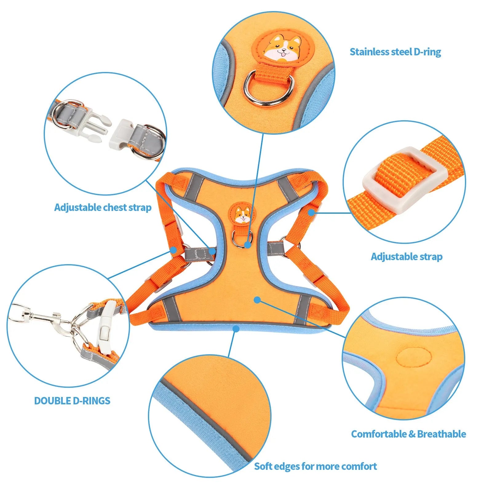 Adjustable dog harness with chest strap in various colours and sizes for haulage rope attachment.