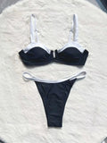 Black low waist women's bikini swimsuit with stitching split detail on the briefs