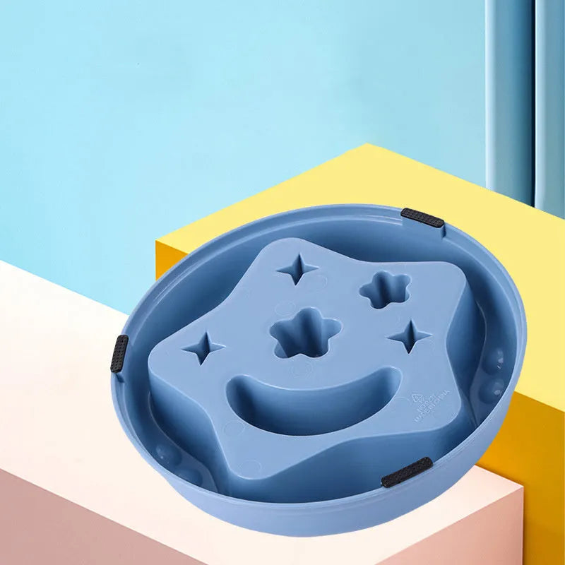 Moon Star Wings pattern slow feeder dog bowl in blue, grey, green, pink, or yellow with non-slip base