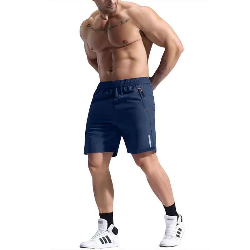 Men's grey elastic waist sports shorts made from bamboo blend fabric on a plain background.
