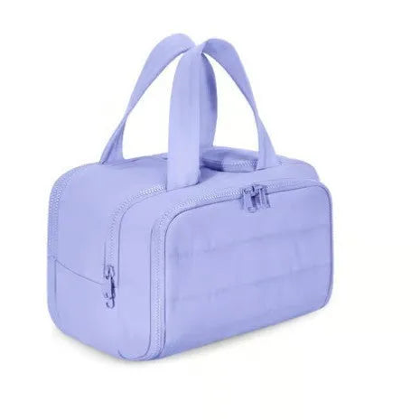 Large travel toiletry bag in lightweight polyester with wide opening, shown in available colours