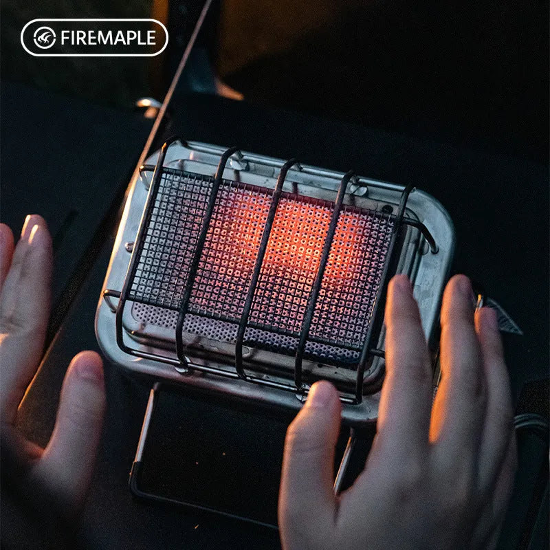 Portable outdoor heating stove with metal finish showing expanded and collapsed sizes