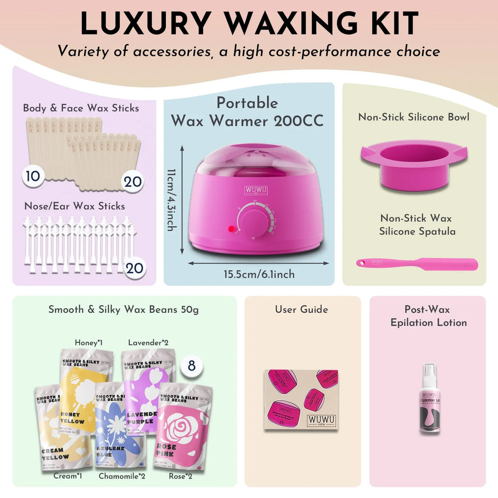 WUWUVISTA 63-piece waxing kit with black wax warmer, pink wax beads, applicator sticks, and silicone tools