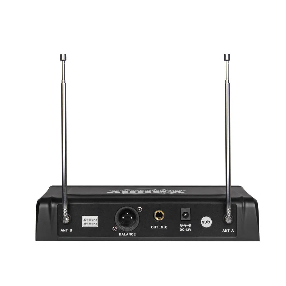 V-3002 wireless microphone system with two black handheld microphones and a transmitter unit.