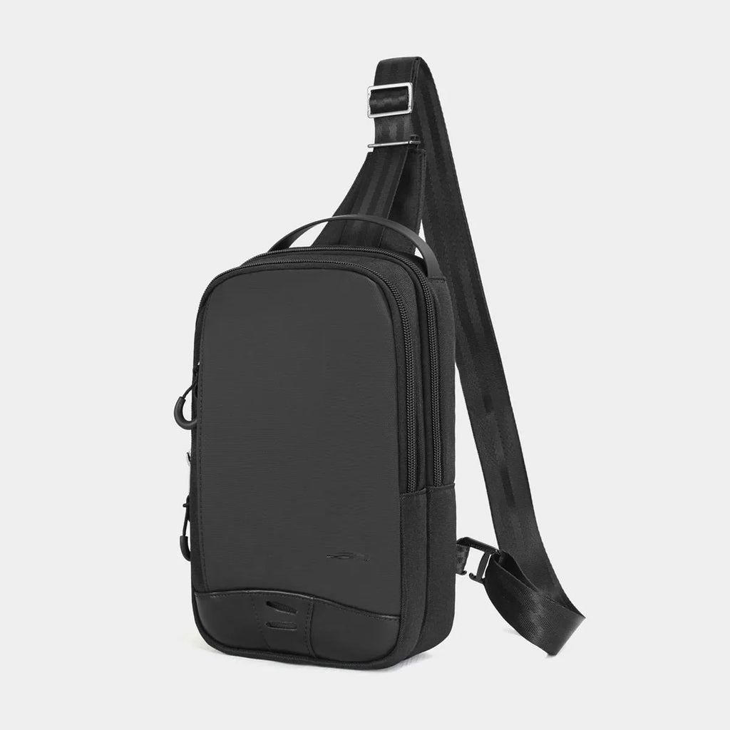 Casual black camouflage pattern insulated chest bag with a single strap and waterproof TPU exterior.
