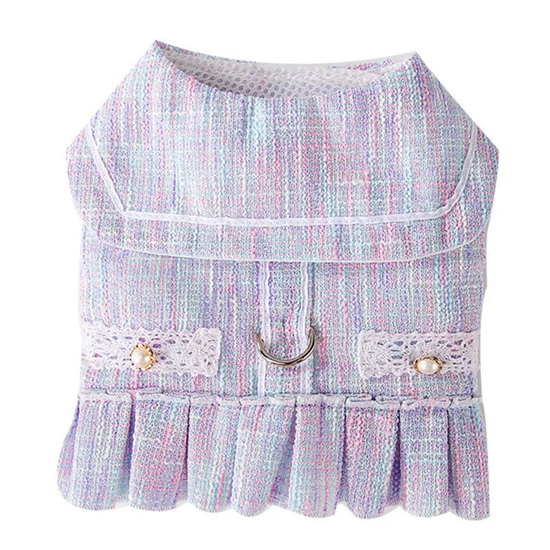 Salem purple polyester pet clothing for a small dog on a size chart showing S, M, L, XL.