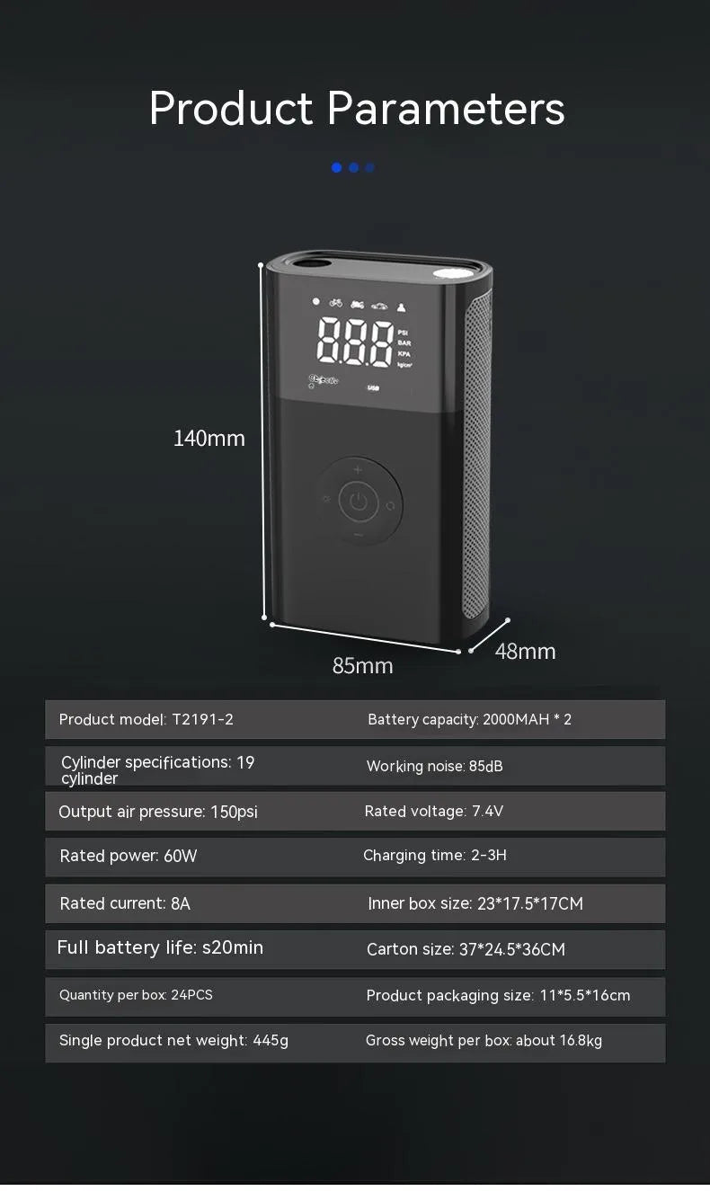 Wireless handheld digital display air pump with LED light and various nozzle attachments on a grey background.