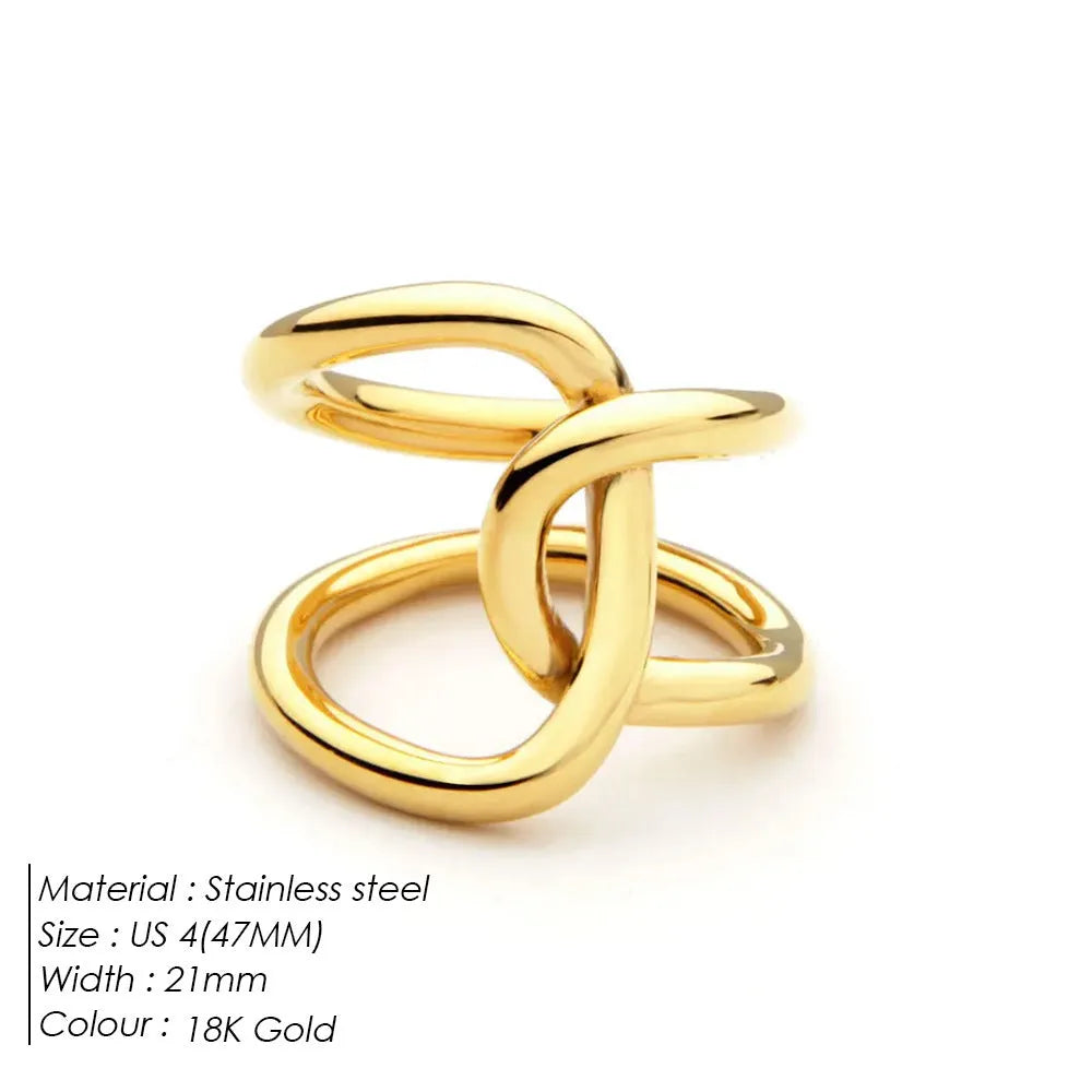 Adjustable opening ring with knotted geometric design in stainless steel gold or steel colour