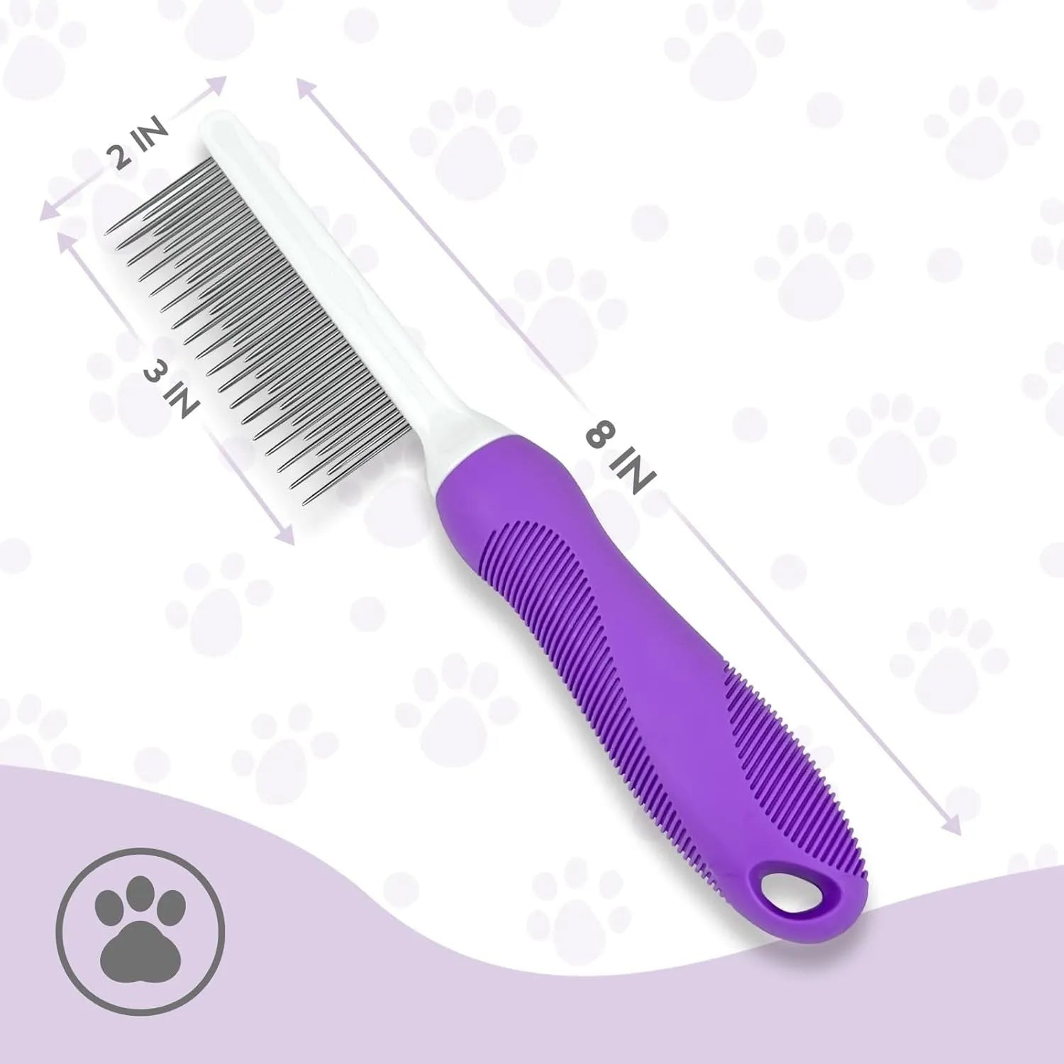 Purple pet detangling comb with stainless steel teeth and ergonomic handle.
