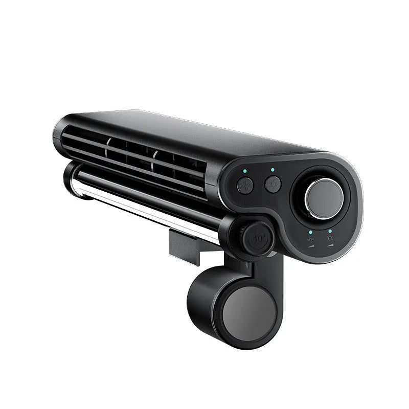 Black bladeless clip-on laptop fan with integrated lighting lamp attached to computer screen