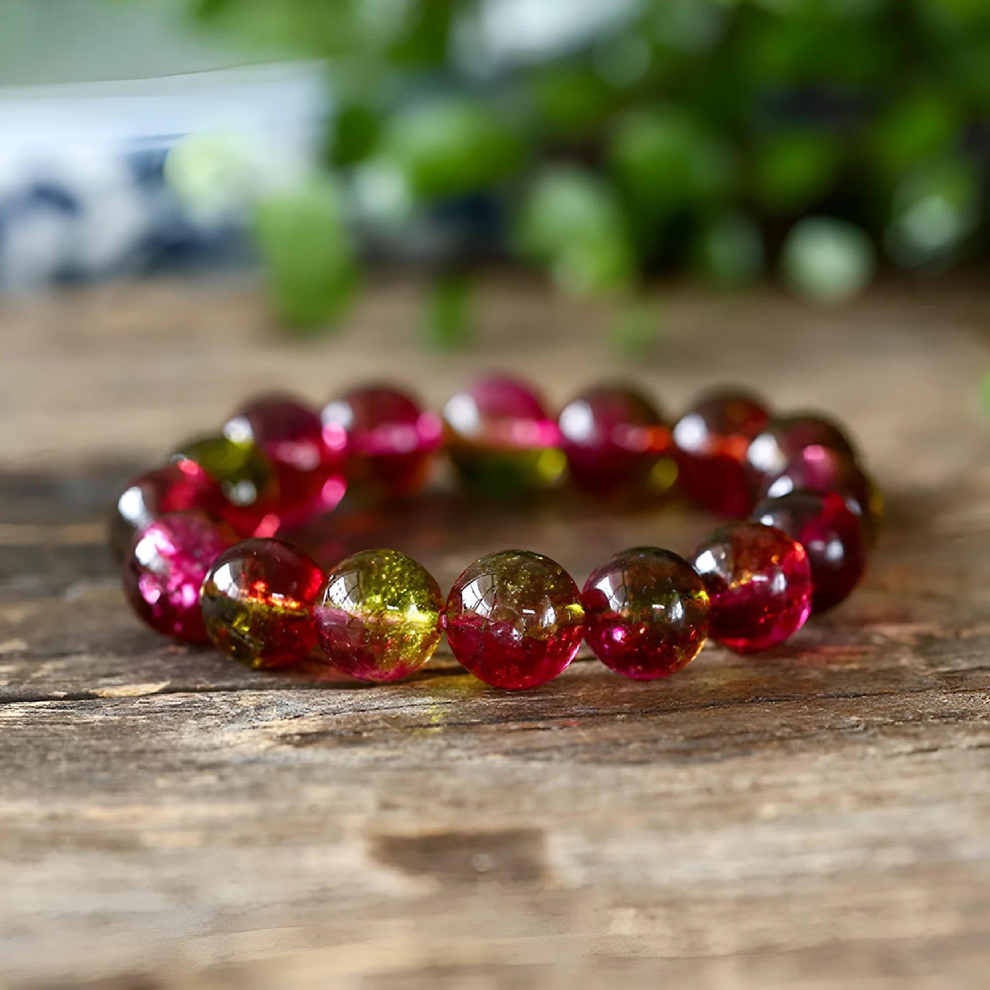 Handmade watermelon crystal bracelet for women showing bead detail, available in 6mm 8mm 10mm 12mm sizes.