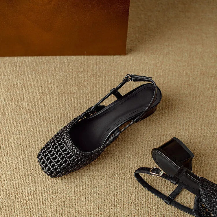 Women's woven hollow-out closed toe sandals with chunky heel and buckle fastening