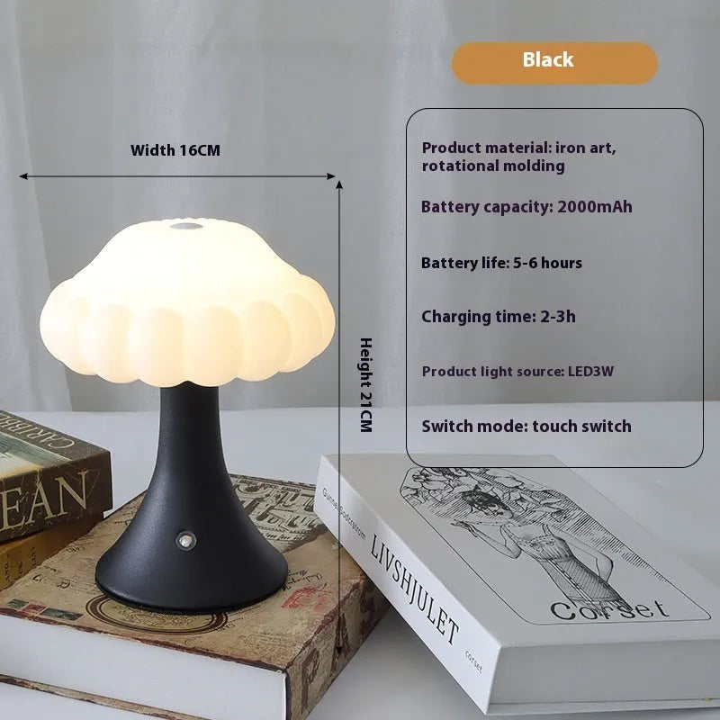 Mushroom-shaped touch lamp with USB charging in wood grain colour