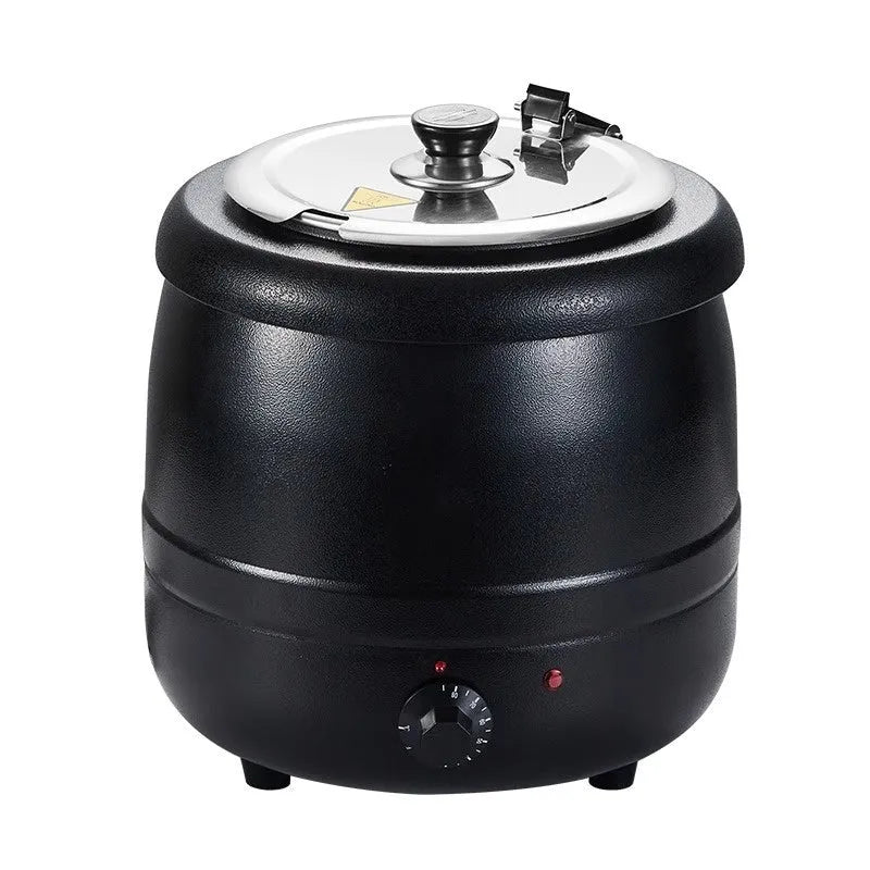 Black stainless steel electric insulation soup pot with steel lid, 10 litre capacity.