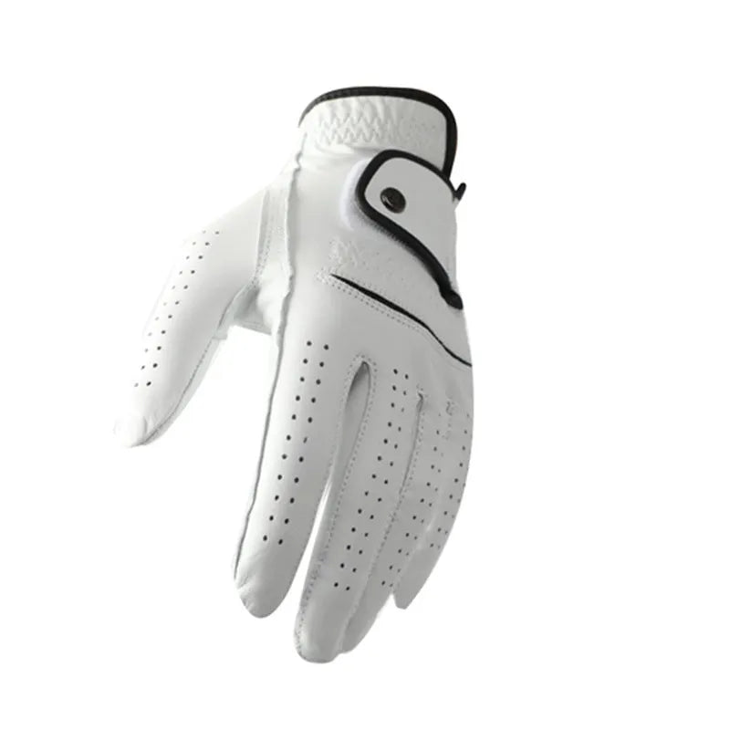 White half sheepskin golf glove for men showing non-slip palm surface