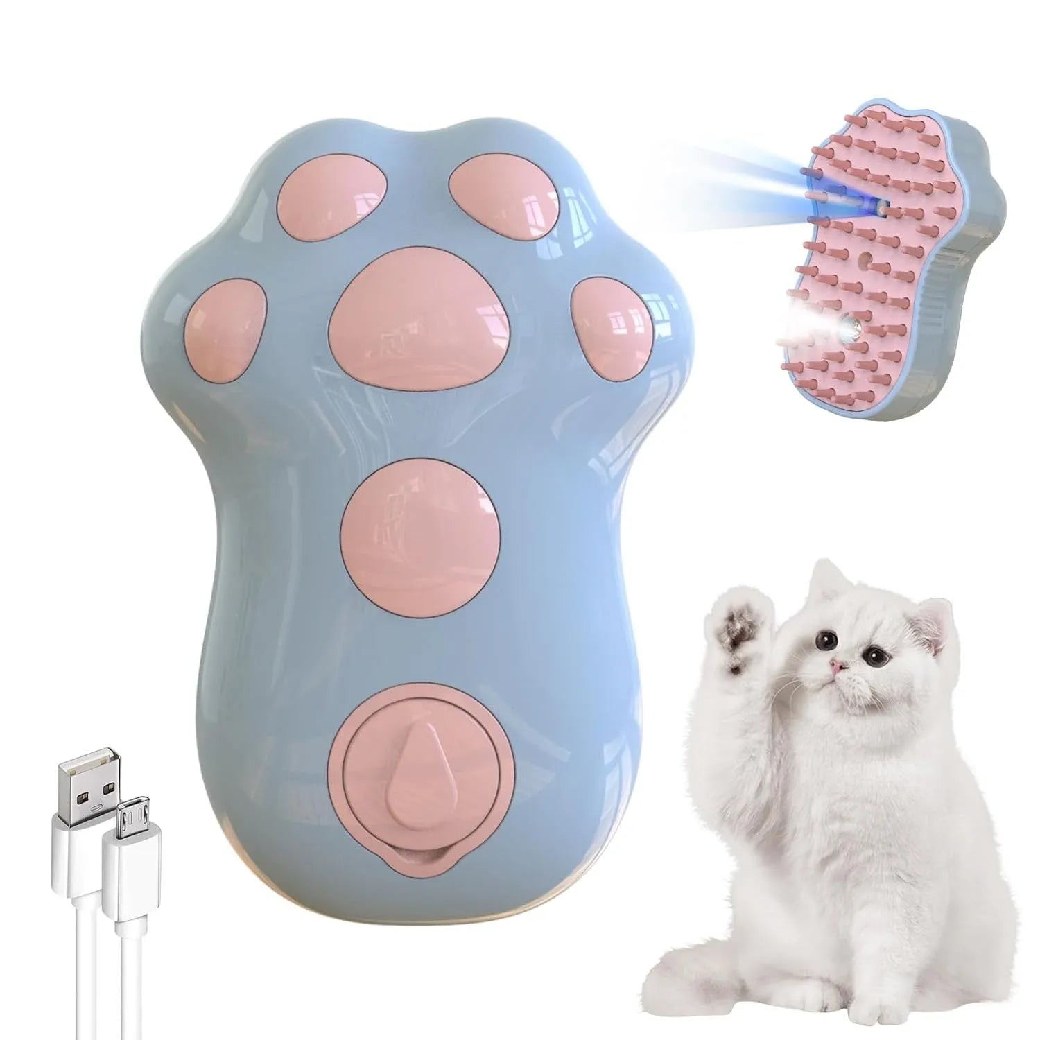 Blue self-cleaning pet steam brush with silicone bristles and spray function.