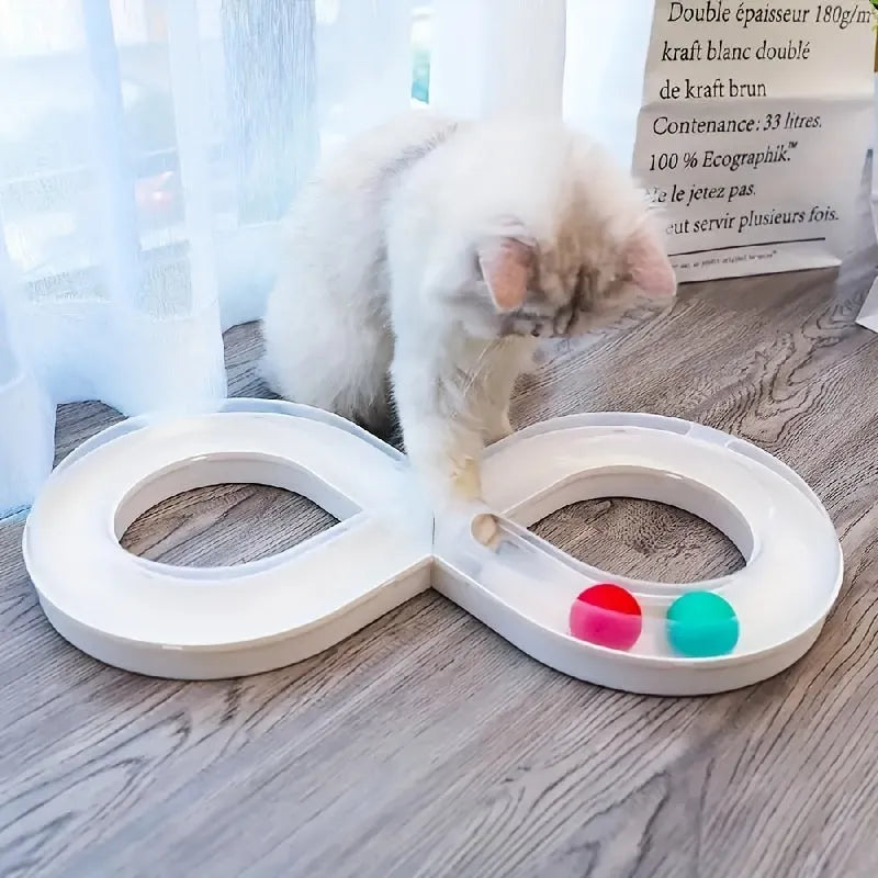 Blue interactive cat toy with turntable track ball system and teasing stick for self-play and owner interaction