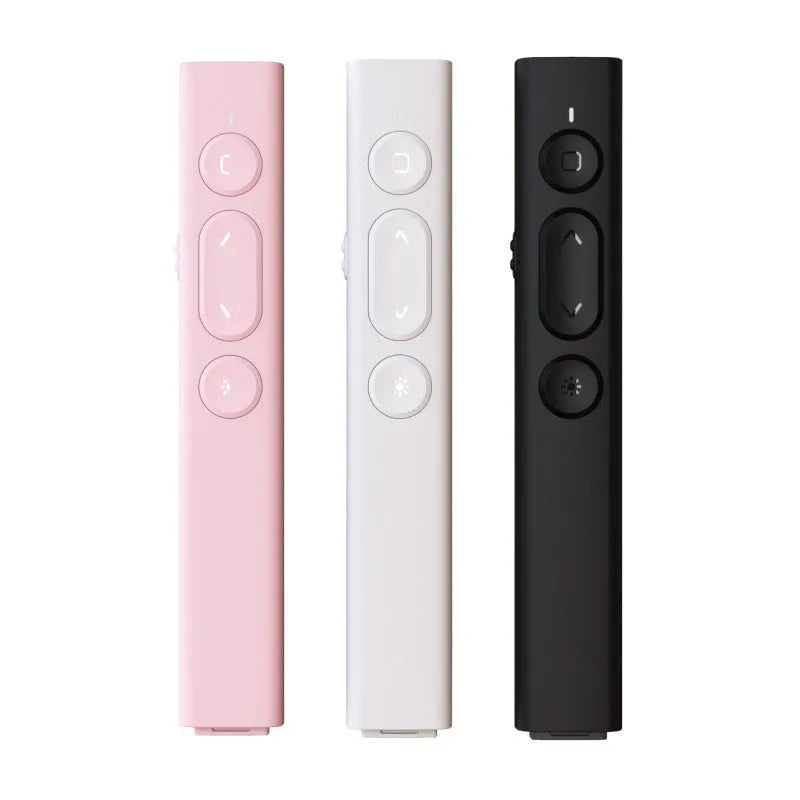 A black, white, or pink remote control pen for presentations with a laser pointer and digital annotation functions.