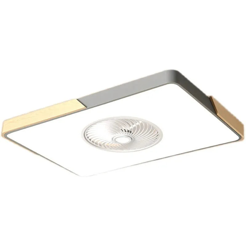 Nordic style ceiling fan with integrated light on a solid wood base, shown in rectangular, round, and square options.