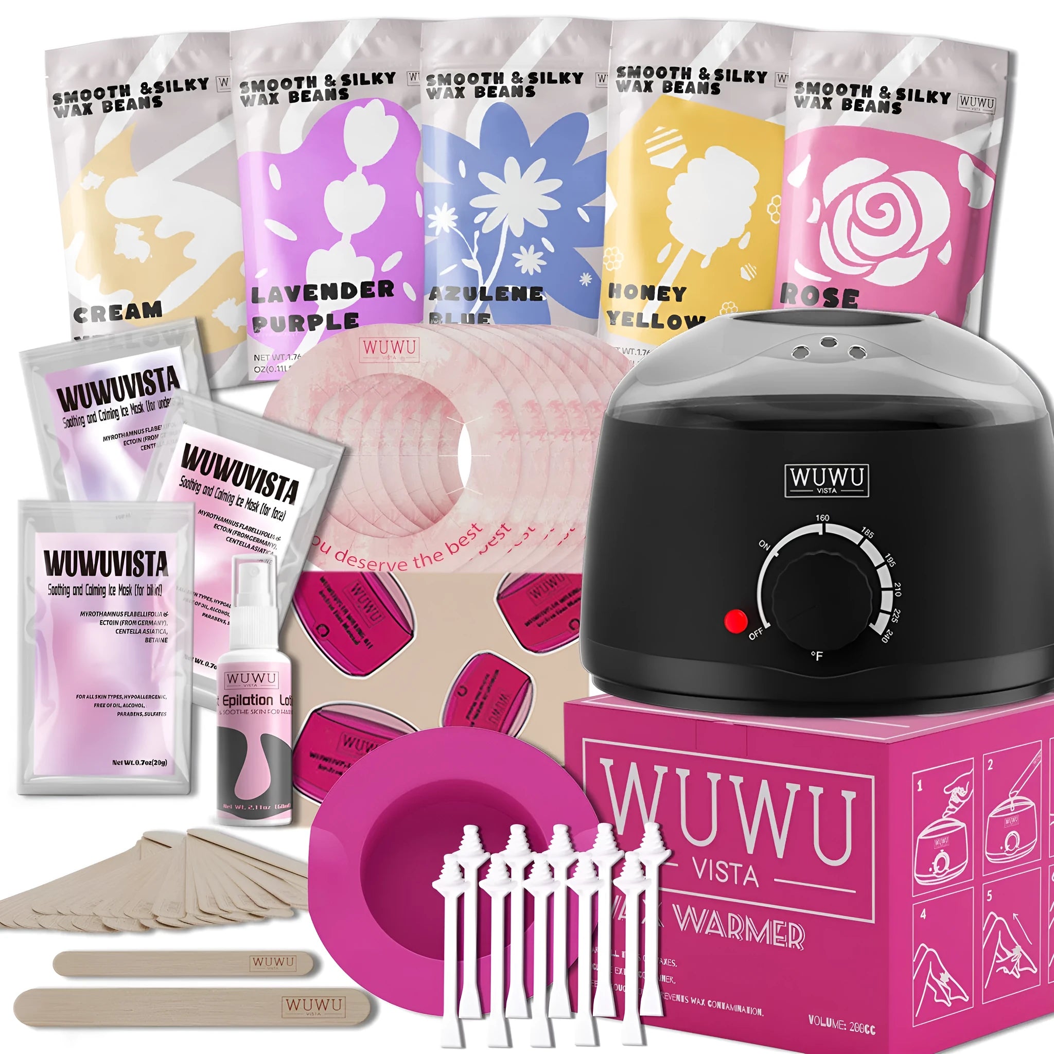 Professional waxing kit with five wax variants, warmer, tools and aftercare products