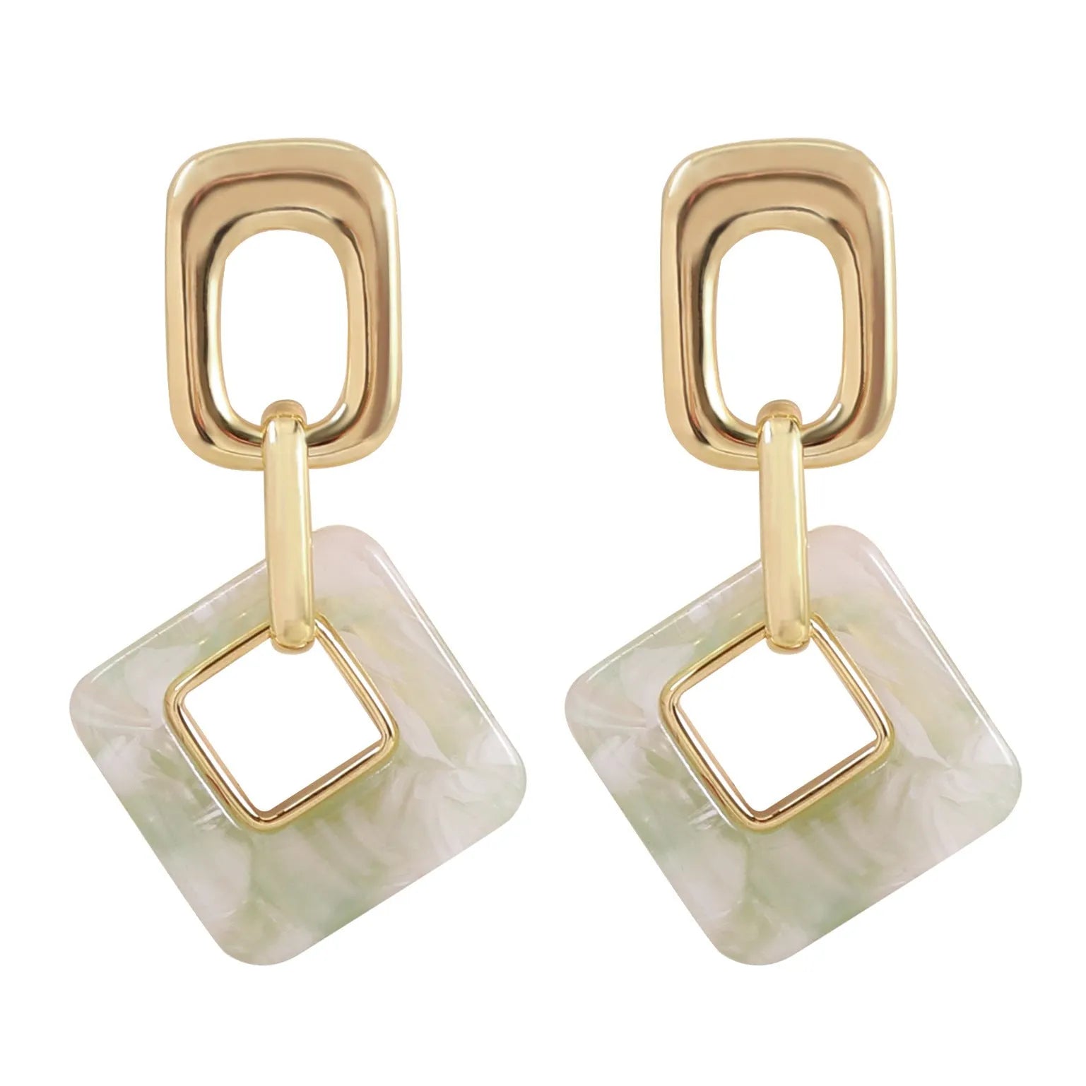 A pair of hollow geometric square copper earrings with a chamfered pattern design.