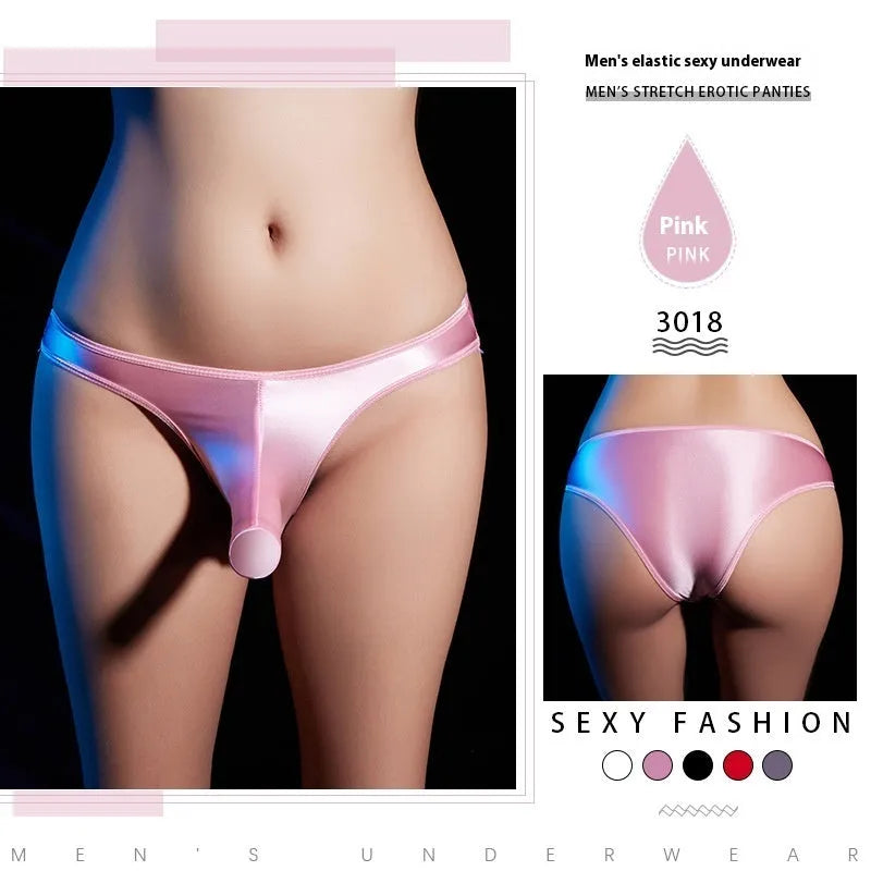 Men's low-waist T-back underwear in shiny nylon fabric, shown in multiple colour options.