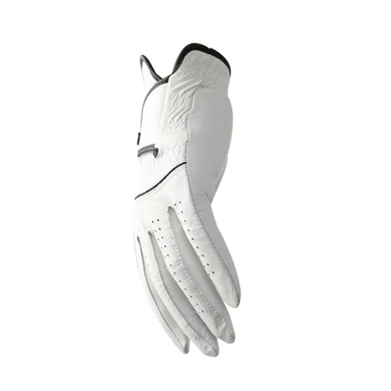 White half sheepskin golf glove for men showing non-slip palm surface