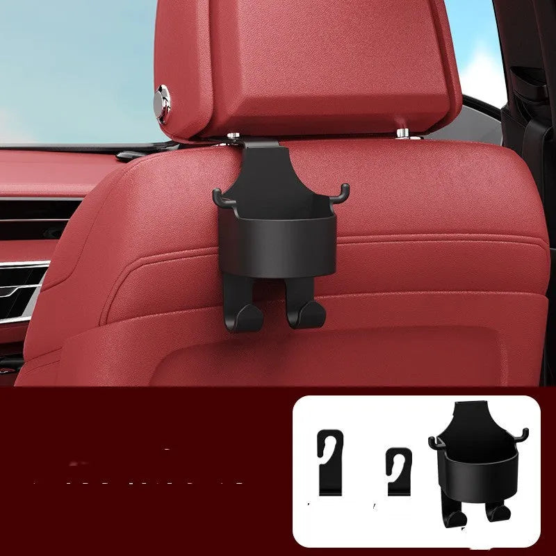 Black plastic car seat back organiser with cup holder and hook measuring 8.5cm wide