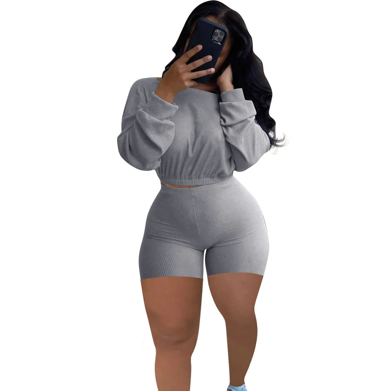 Sunken stripe pattern off-the-shoulder long sleeve top and shorts two-piece set