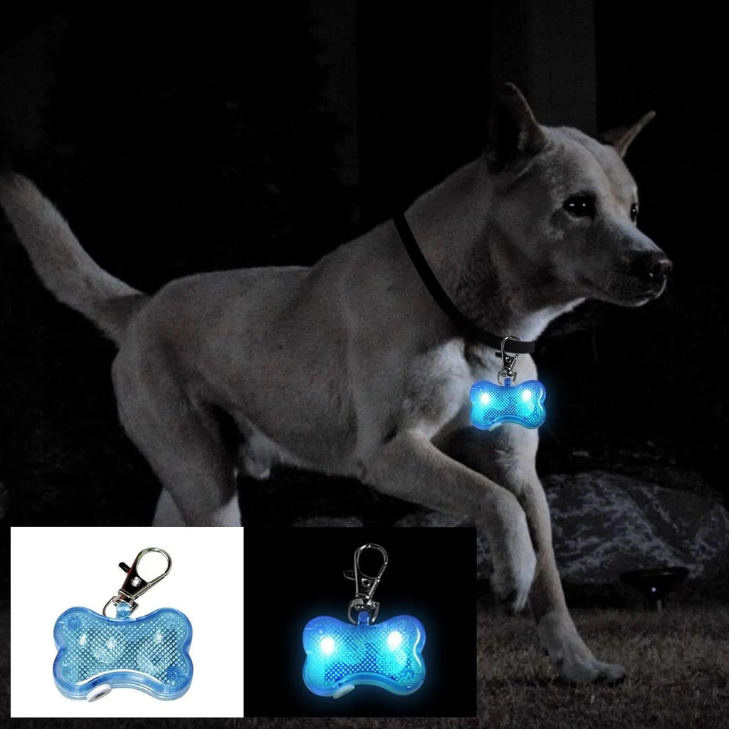 Blue LED bone-shaped luminous pendant for pet collars showing three light modes