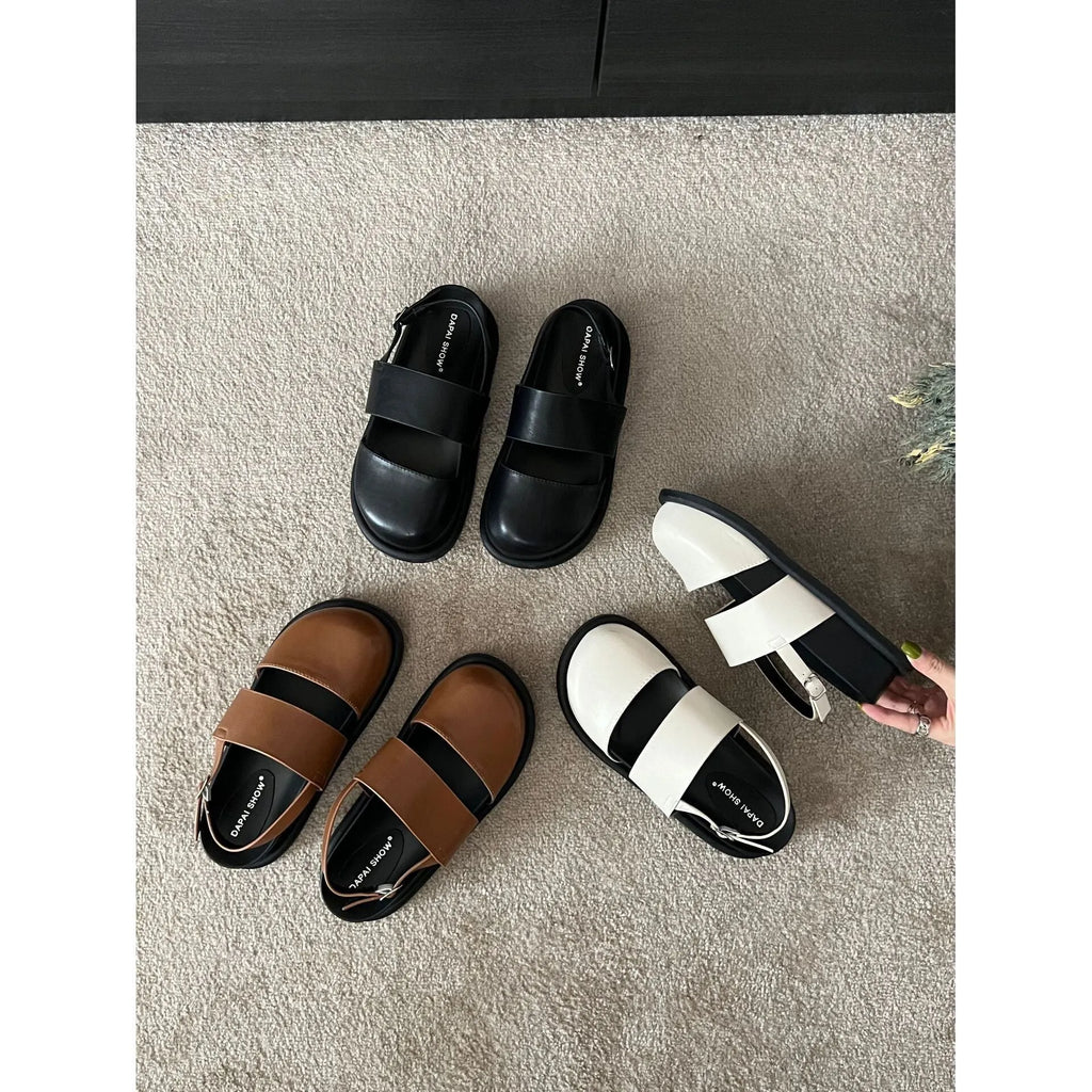Retro women's sandals with ankle buckle strap in apricot colour