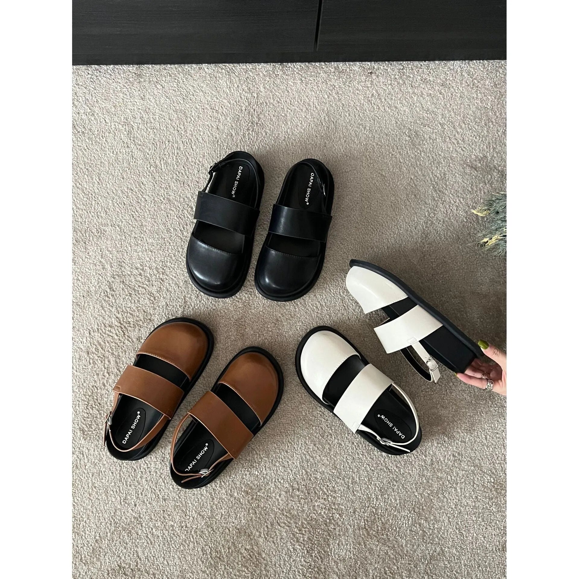 Retro women's sandals with ankle buckle strap in apricot colour