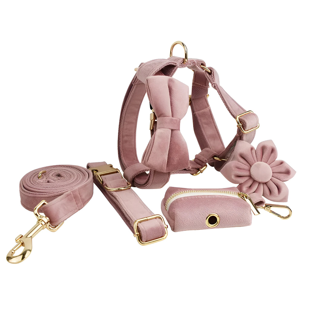 Light purple pink velvet dog collar with adjustable rope leash in five sizes from XS to XL