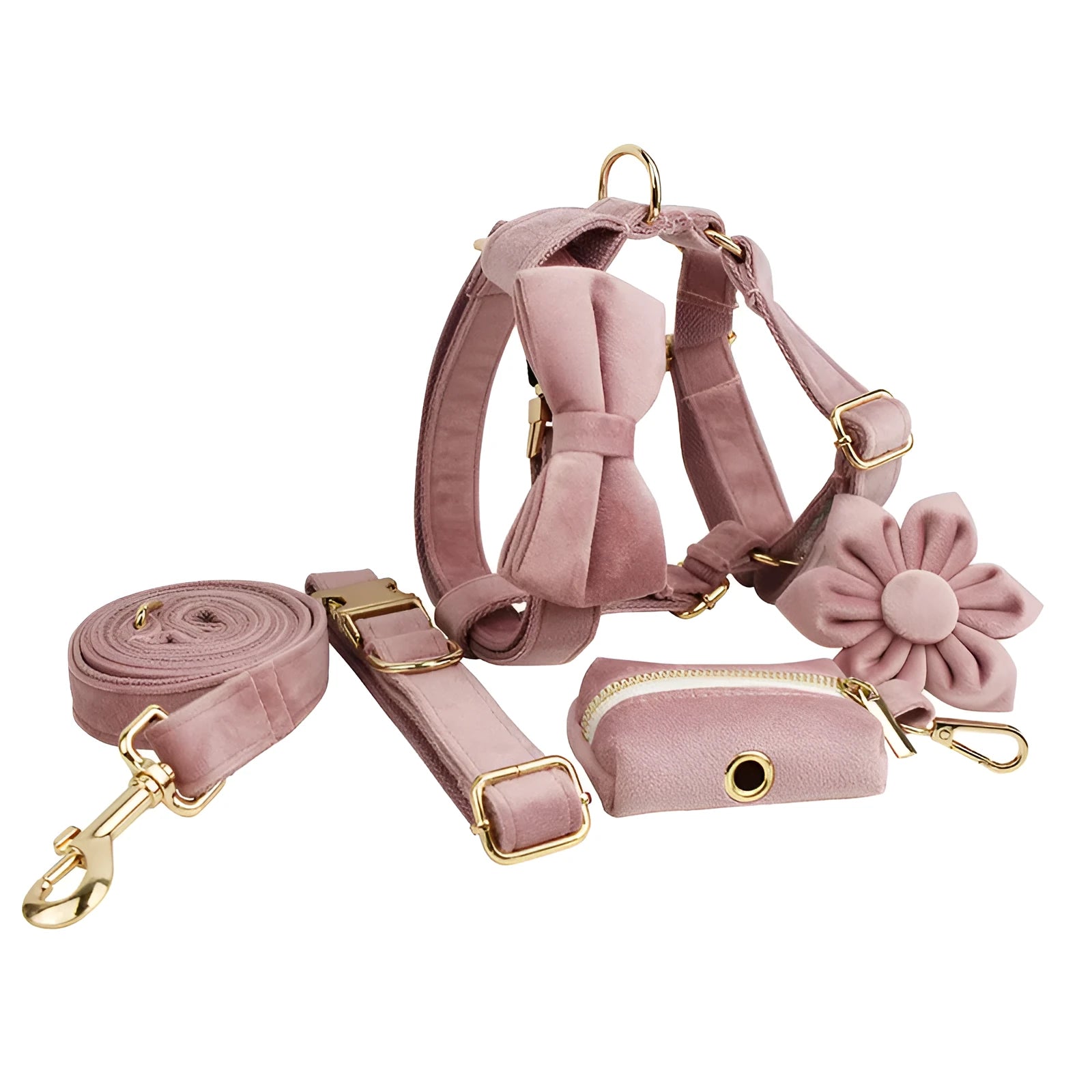 Light purple pink velvet dog collar with adjustable rope leash in five sizes from XS to XL