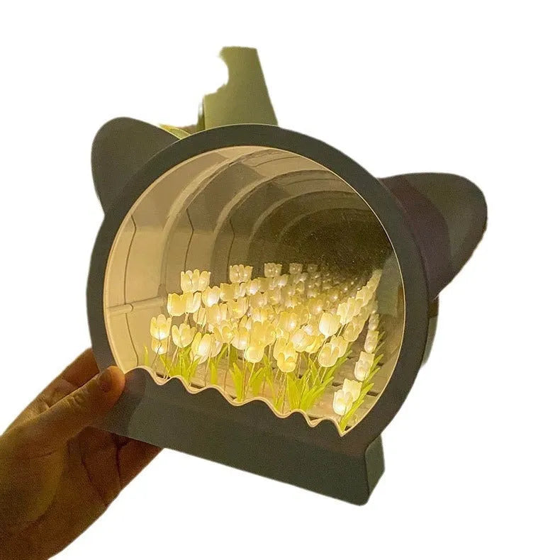 Handmade DIY cat head shaped night lamp kit surrounded by colourful tulip flowers for bedroom decor