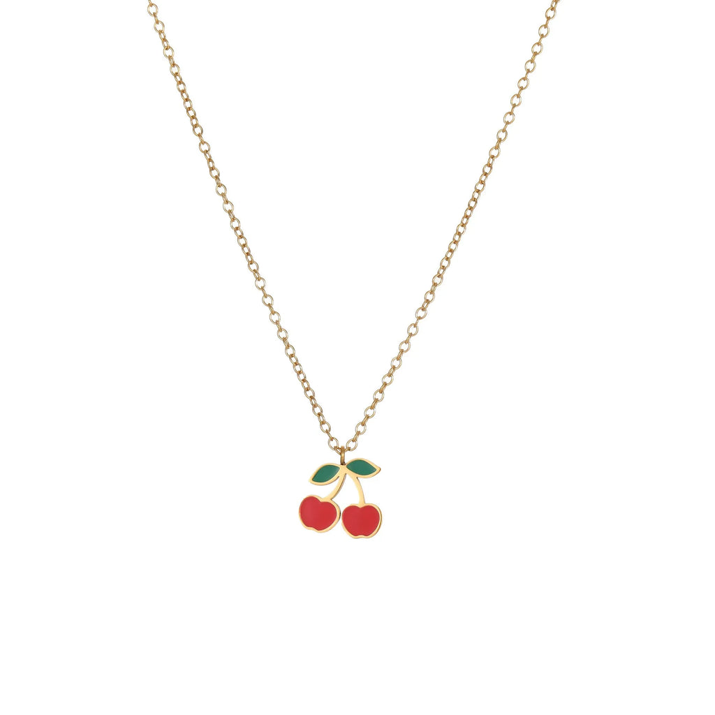 Cherry jewellery set showing necklace, bracelet, earrings, and ring with stainless steel construction and cherry fruit design