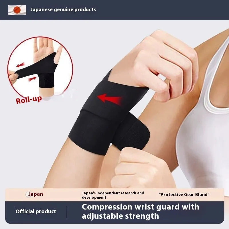 Adjustable black athletic wristguard shown fastened on a wrist.