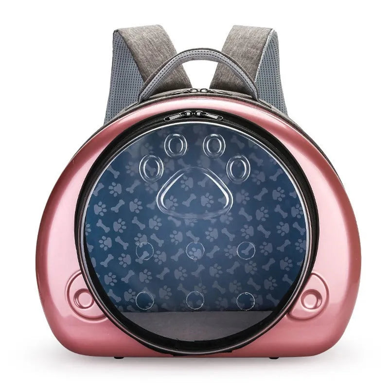 Transparent space capsule pet carrier bag for cats in rose gold, luxury silver, or champagne gold.