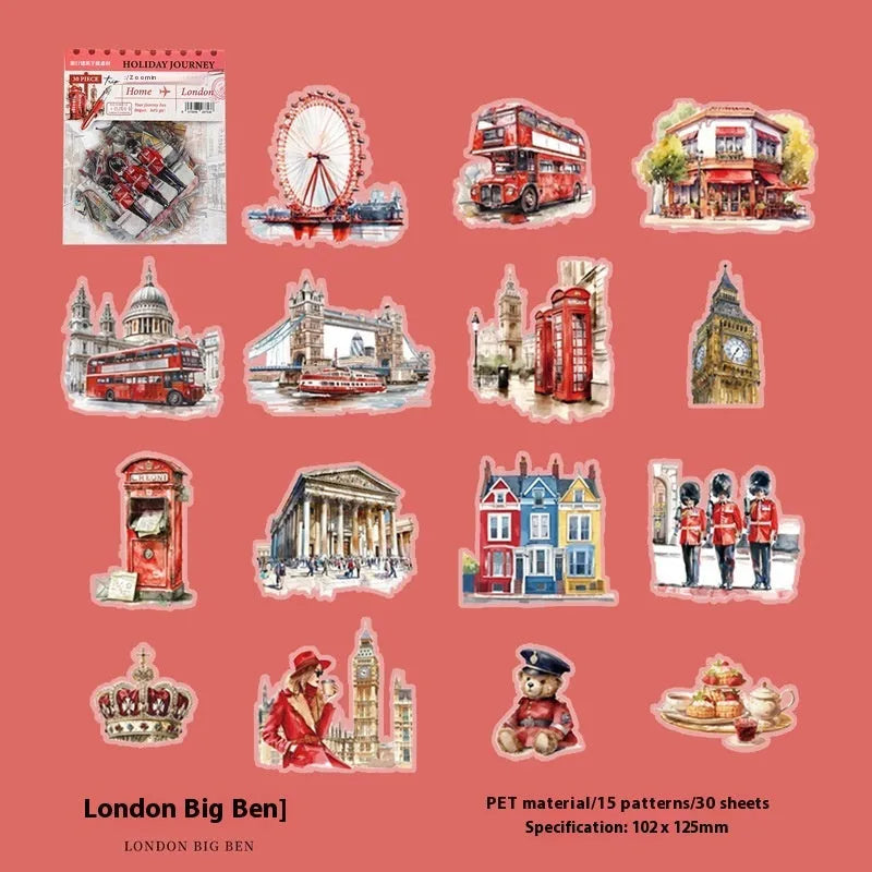 Holiday Journey Series architecture journal stickers in retro style showing six international landmark designs