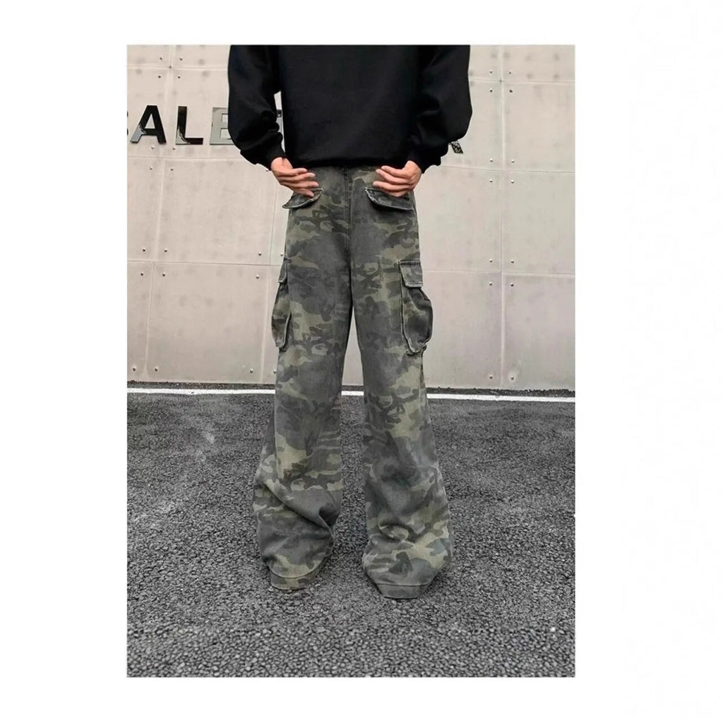 Korean style washed camouflage cargo pants with multiple pockets and mid waist design