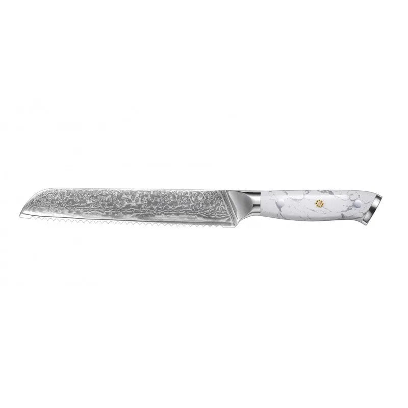 Damascus pattern chef's knife with 21cm VG10 steel blade and dark handle on a wooden surface.