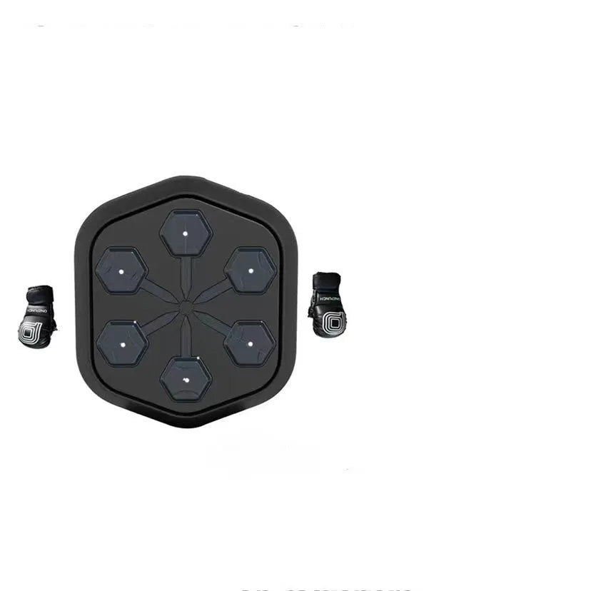 Black smart music boxing machine with Bluetooth connection and included boxing gloves for fitness training