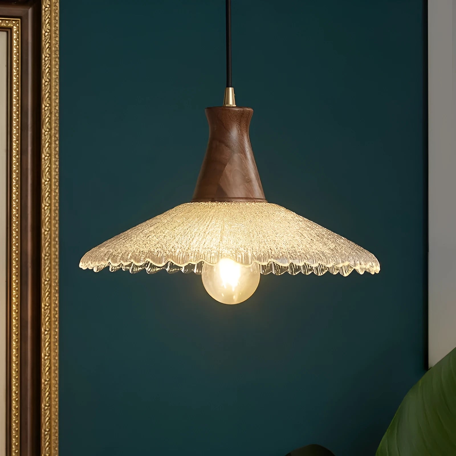 Retro brass and glass ceiling chandelier with wooden body for restaurant lighting
