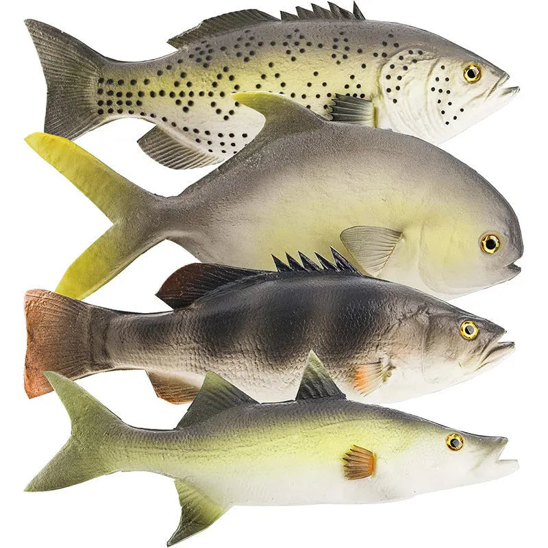 Set of three PU simulated fish ornaments: yellow-fin tuna, flower fish, small tuna, yellow croaker.