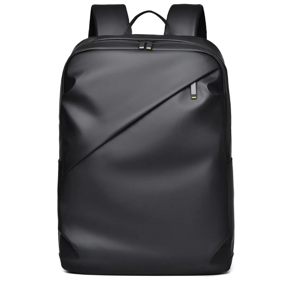 Waterproof PU leather backpack in black, blue or grey showing simple design and sewing thread detailing