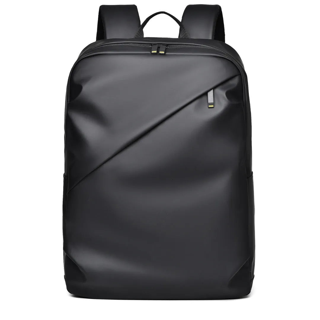 Waterproof PU leather backpack in black, blue or grey showing simple design and sewing thread detailing
