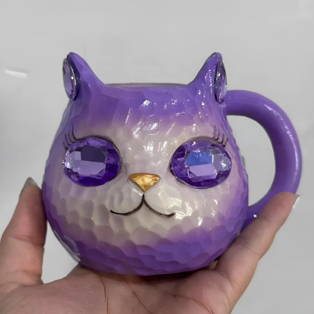 Translucent resin cat cup ornament in American style, shown in purple, green, blue, and pink colour options.
